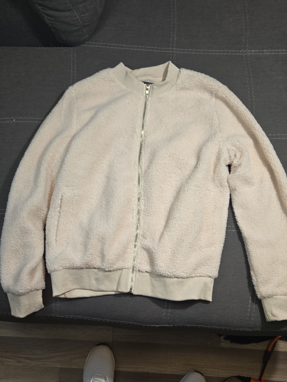 Women's Cream Teddy Bomber Jacket with Zip Closure
